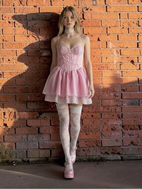 DOLLS KILL Sugar Thrillz Pink CERTAIN FLAIR TUTU DRESS Pink Lace Corset L Mini
